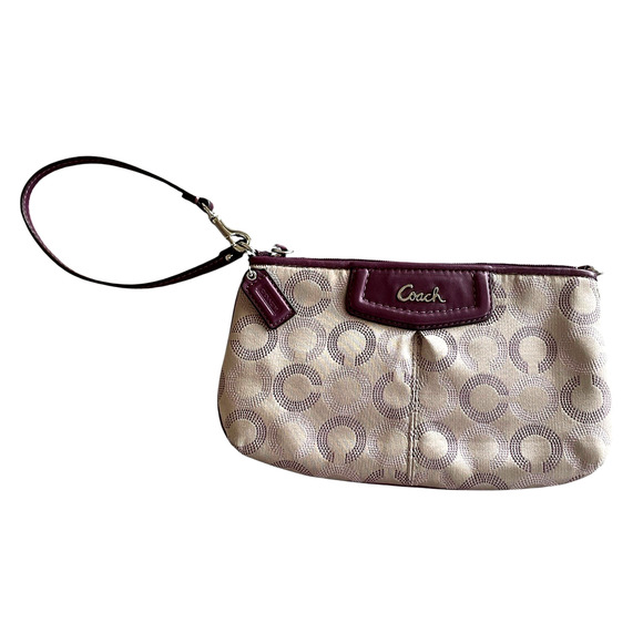 COACH Dotted Op Art Khaki Canvas Plum Purple Leather Large Wristlet + Bag Charm - Picture 6 of 6